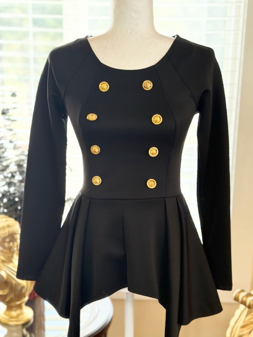 Black Long-Sleeve Peplum Dress with Gold Buttons Top
